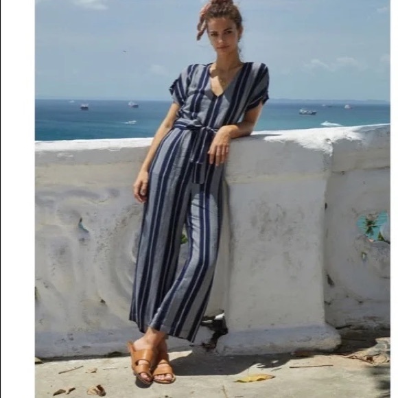 Rails Pants - RAILS | “ANGELA” Cap Sleeve Navy White Striped Mediterranean Belted Jumpsuit